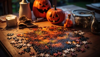 Photo of a Rustic Wooden Table with a Challenging Puzzle and Autumn Pumpkins