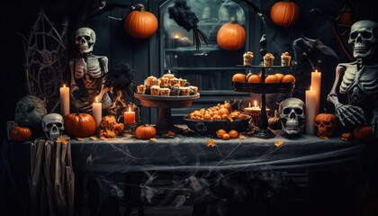 Photo of a Festive Halloween Table with an Abundance of Spooky Decorations