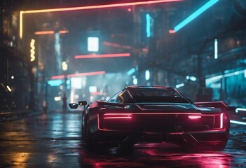 AI generated illustration of a sports car parked on a wet street in neon lights