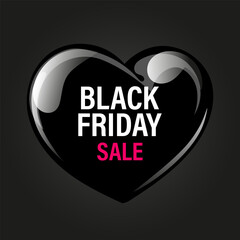 Black Friday sale banner with black shiny balloons hearts. Minimal style poster with balloons. Vector