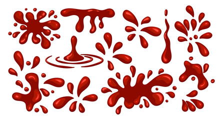 Set of bloody splashes, fills and red blood stains on a white background. Design elements, vector