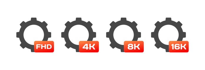 Icon resolution settings. Flat, grey, FHD, 4K, 8K, 16K resolution settings. Vector icons