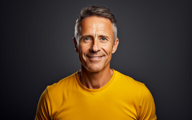 Fototapeta premium A middle aged smiling man isolated on dark grey background