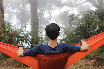 relax in a hamok in the forest with views of mountain fog