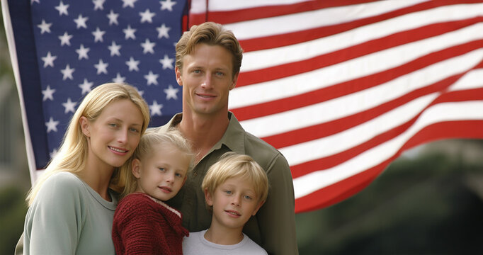 Proud blond American family by the Flag of the United States. international group of happy smiling men and women over american flag background Copy space