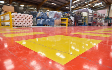 A high viz area floor sign protecting workers in an industrial factory setting. Signs and...