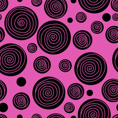 Seamless pattern texture circles. Black dots circles spirals on magenta background. Vector illustration.
