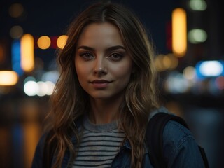 Fototapeta premium Portrait of young woman standing against illuminated city at night. AI Generative