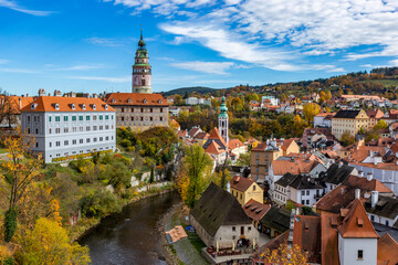 View of historical center of Cesky Krumlov town on Vltava riverbank on autumn day, Czechia.