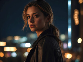 Fototapeta premium Portrait of young woman standing against illuminated city at night. AI Generative