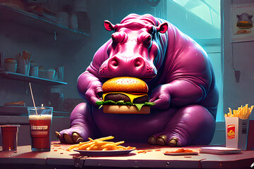 Draw a hippopotamus eating a hamburger. Generative AI - obrazy, fototapety, plakaty