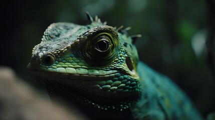 Obraz premium green chameleon in the forest. close-up portrait. 