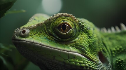 Obraz premium Close-up of a green chameleon on a green background. Generative AI.