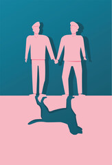 Gay Couple Holding Hands Thinking About Adopting or Fostering A Homeless, Rescue Pet, Yellow Labrador, Dog, or Mourning The Loss of A Dog.