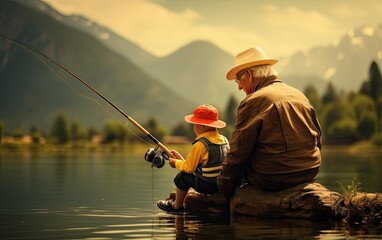 silhouettes of a father and son fishing