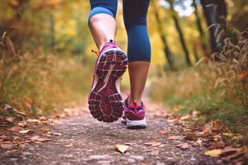 Healthy Lifestyle in Action, Woman's Running Shoes Close-Up, Nature Walk Fitness Concept. Generative Ai.