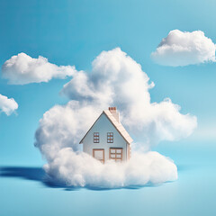 Business Hands house from clouds on blue sky background