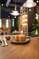 Classic Philadelphia sushi roll set with salmon and cream cheese.