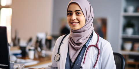 Office Portrait of Smiling Asian Muslim Woman Doctor in Hijab - obrazy, fototapety, plakaty