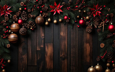 Christmas dark wooden background with baubles