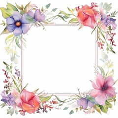 a square floral frame is painted in watercolor on a white background
