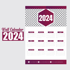 Wall Calendar 2024 Template Design. One Page Calendar. 12 Months Calendar. 