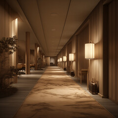 Photo shot in Detail shot, hotel hallway, 3d render. AI generated.