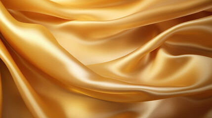 Fototapeta premium Gold silk satin. Soft folds. Fabric. Gold luxury background. Space for design. Wavy lines, Banner, Wide, Long, Flat lay, top view table. Beautiful. Elegant.