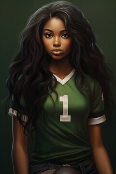 Confident Young Woman in a Green Jersey with Number One, Long Wavy Hair, and a Focused Gaze, Portrait of Strength and Beauty