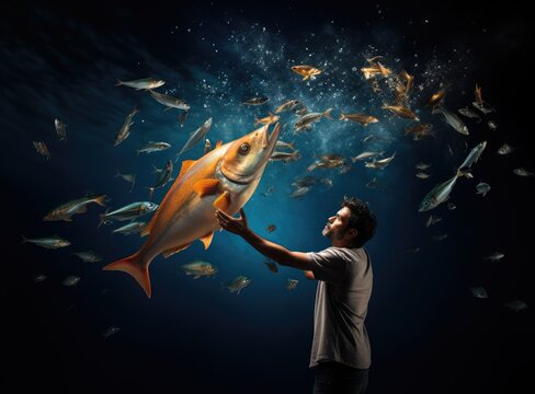 a man and a school of fish floating in his hand