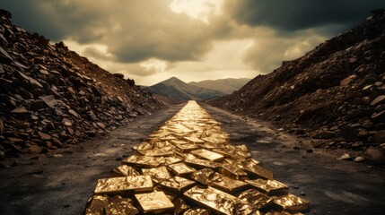 Luxury and conspicuous consumption concept with Road made of gold bars. Excessive spending and conspicuous consumption, contrast between extravagant lifestyles and economic disparities in society. - obrazy, fototapety, plakaty