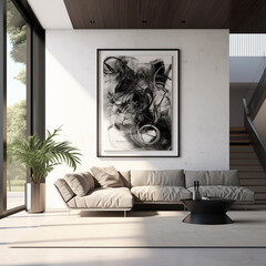 photo shot in Detail shot, modern living room, 3d render. Ai generated