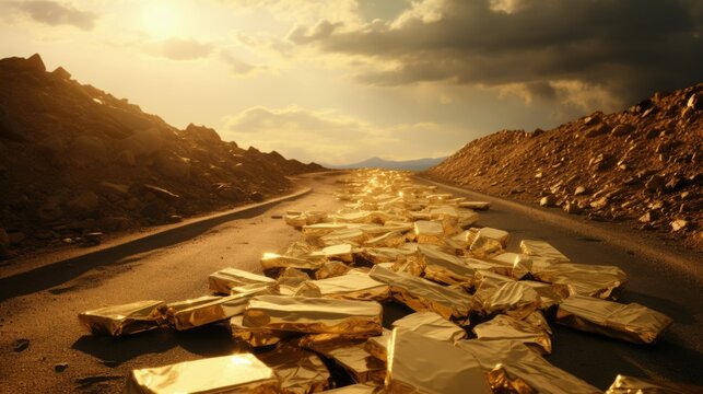 Luxury and conspicuous consumption concept with Road made of gold bars. Excessive spending and conspicuous consumption, contrast between extravagant lifestyles and economic disparities in society.