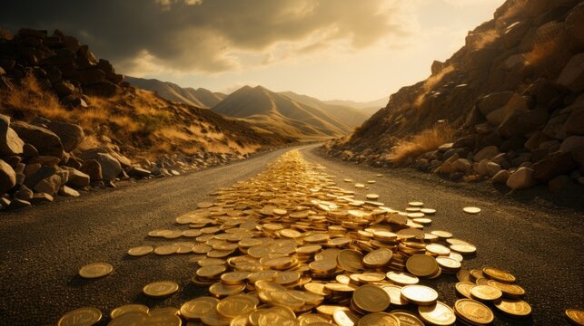 Luxury and conspicuous consumption concept with Road made of gold bars. Excessive spending and conspicuous consumption, contrast between extravagant lifestyles and economic disparities in society.