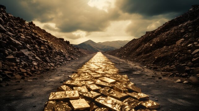 Luxury and conspicuous consumption concept with Road made of gold bars. Excessive spending and conspicuous consumption, contrast between extravagant lifestyles and economic disparities in society.