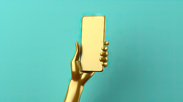  A Gold Hand Holding A Cell Phone Against A Blue Background.  Generative Ai