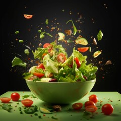 vegetables falling out of a salad into the bowl on a table