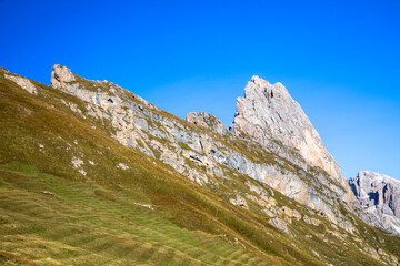 Fototapeta na wymiar Blick von der Seceda auf die Geislerspitzen, Gröden, Südtirol