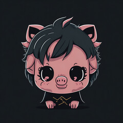 Cute vector kawaii anime pig emo skull sad on black background - obrazy, fototapety, plakaty
