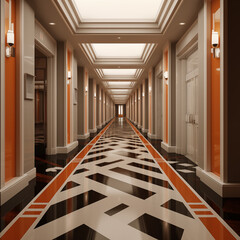 Photo shot in Detail shot, modern hotel hallway, 3d render. AI generated.