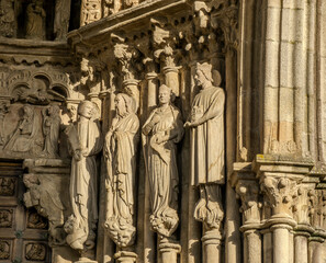 Detail of the column statues at the entrance to the Tui Cathedral. This doorway is considered the first Gothic sculptural group on the Iberian Peninsula. Galicia, Spain