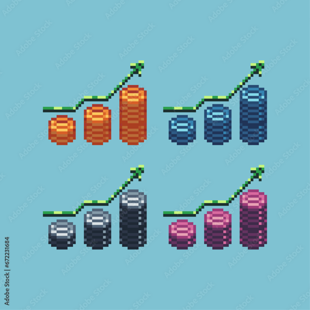 Poster pixel art sets of coin up finance with variation color item asset. simple bits of business coin pixe
