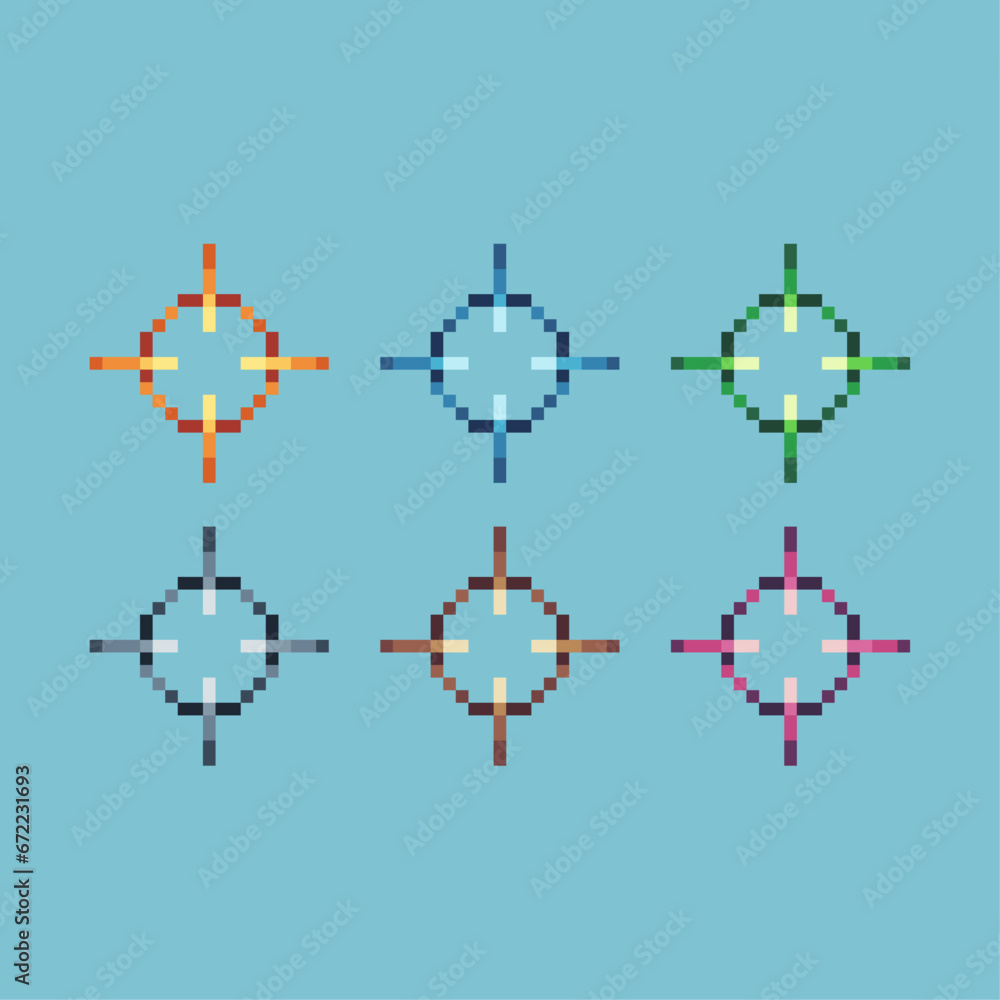 Poster pixel art sets of crosshair with variation color item asset. simple bits of crosshair pixelated styl
