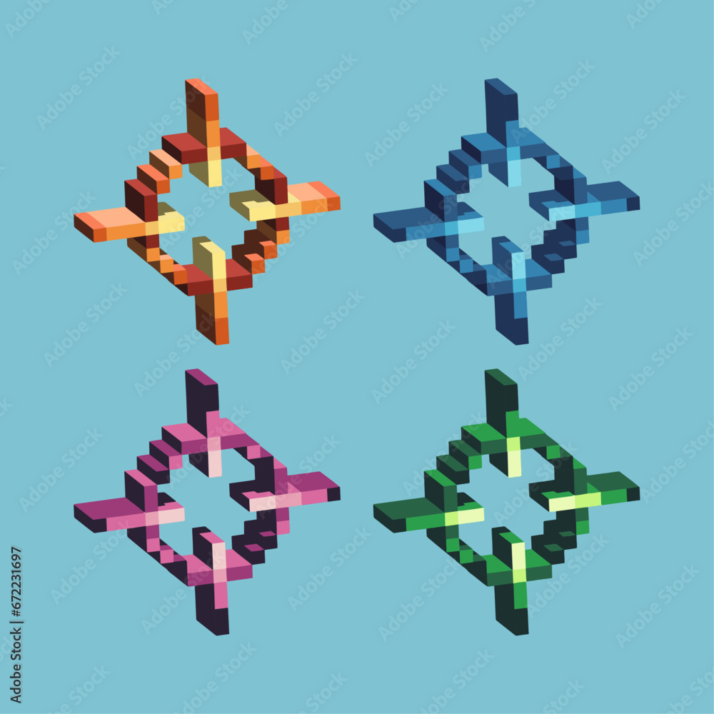 Poster isometric pixel art 3d of crosshair for items asset. crosshair weapon on pixelated style.8bits perfe