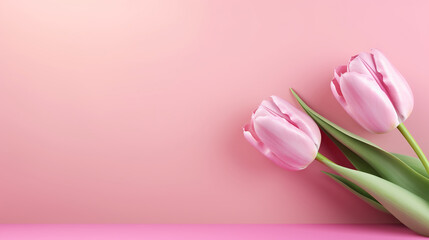  two pink tulips on a pink background with a green stem.  generative ai