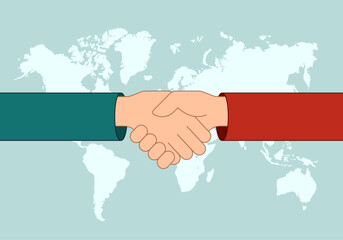 Handshake gesture on the background of a world map. Negotiation concept. Vector illustration.