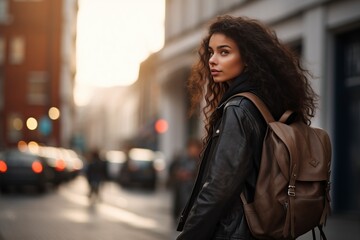 mixed race woman with a backpack walking down the street