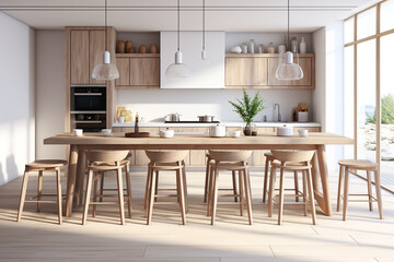 Modern scandinavian, minimalist interior design of kitchen with island, dining table and wooden stools.