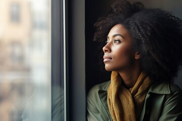 african woman standing at the window thinking very seriously - obrazy, fototapety, plakaty