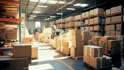 Warehouse or industrial building interior. Distribution center, retail warehouse. Rows of shelves with boxes in modern warehouse.

